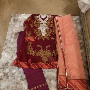 Elegant Maroon and Peach Embroidered Suit